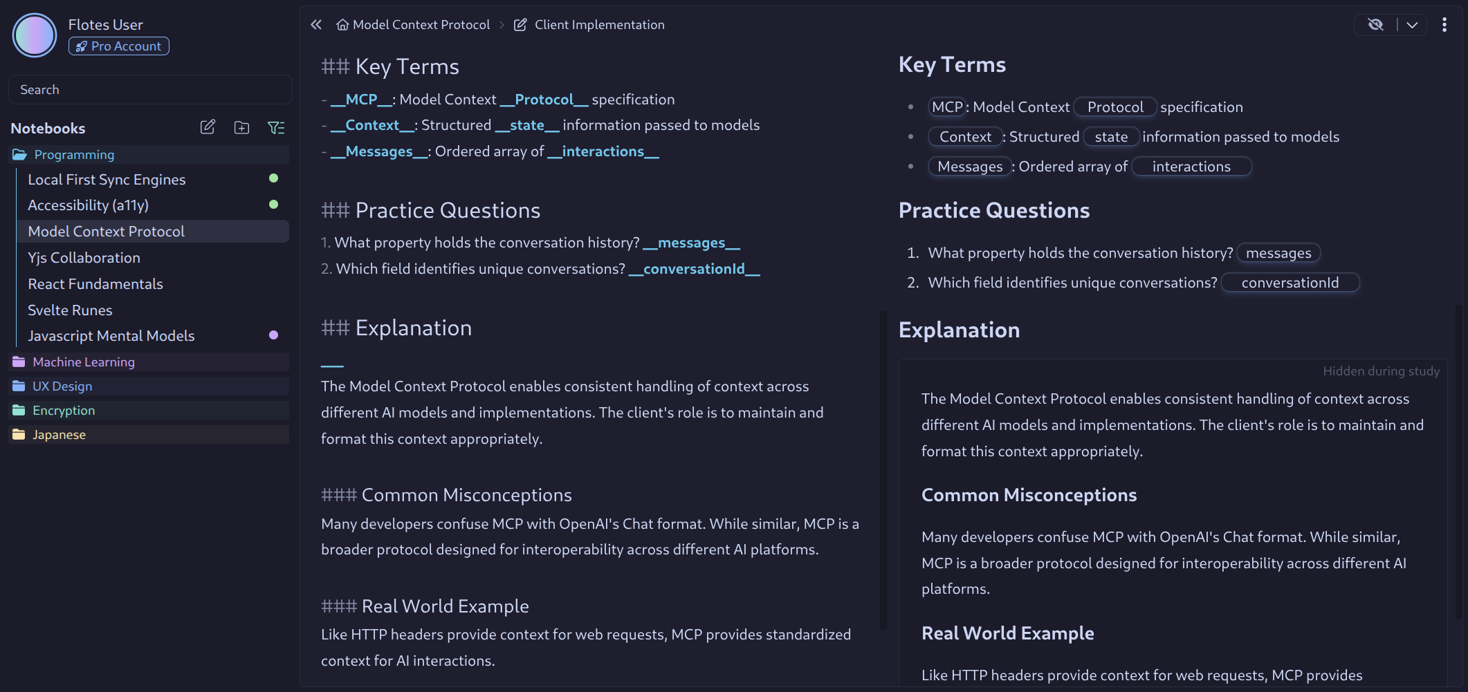 flotes application with a list of notebooks, an edit panel, and a rendered panel